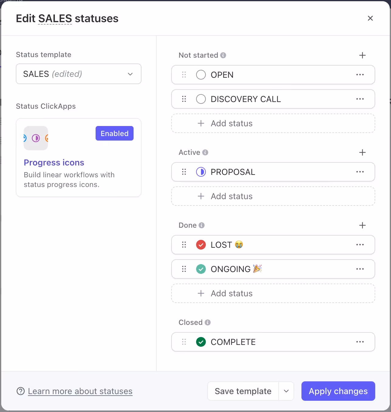 Edit Sales Statuses in ClickUp Edit Sales Statuses in ClickUp